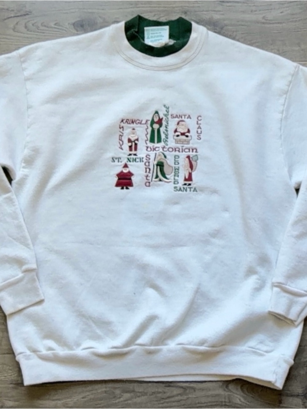 Vintage Cream Victorian Santa Embroidered Crewneck Sweatshirt